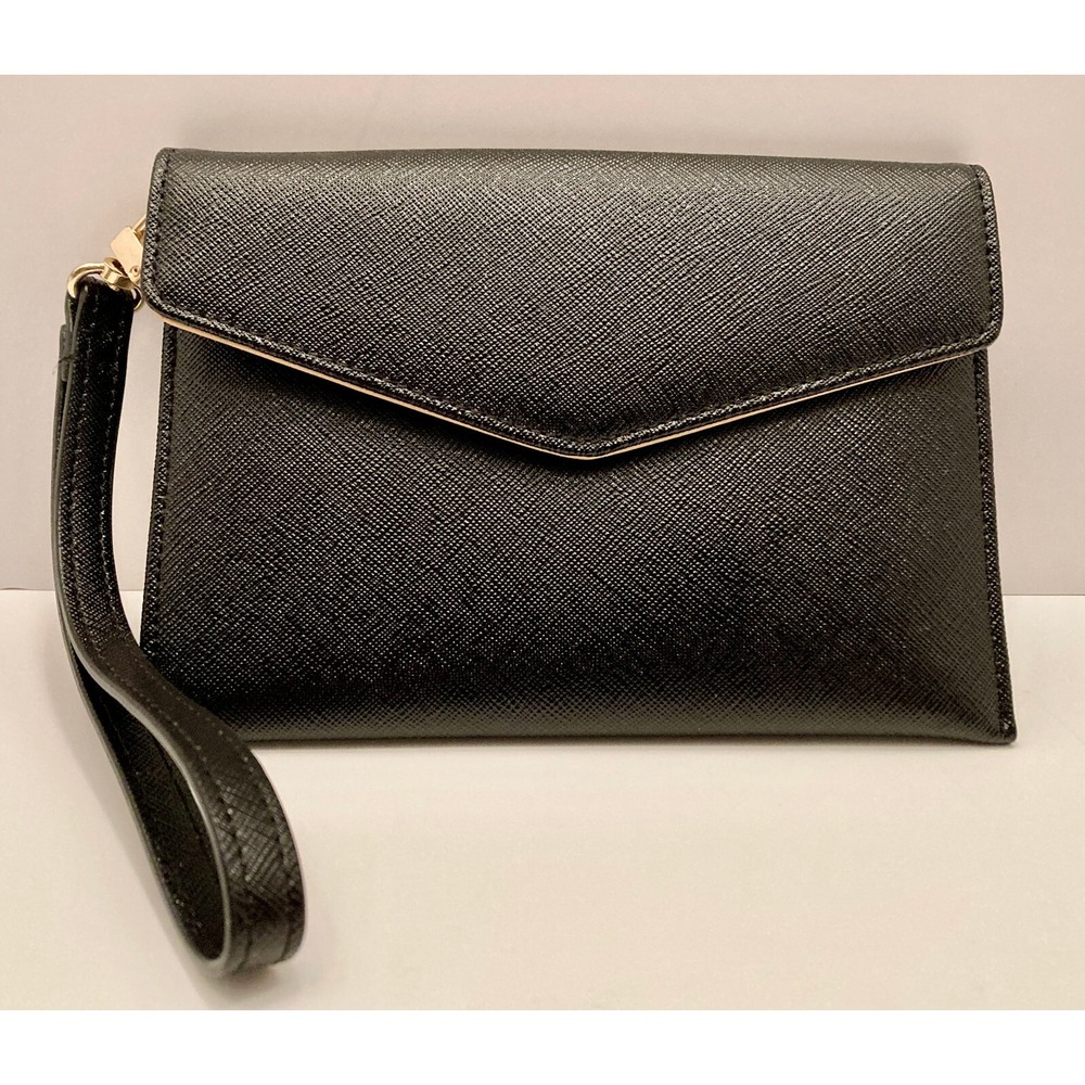 NWOT HALOGEN Black Saffiano Leather Mini Envelope‎ Card Case Wristlet Wallet